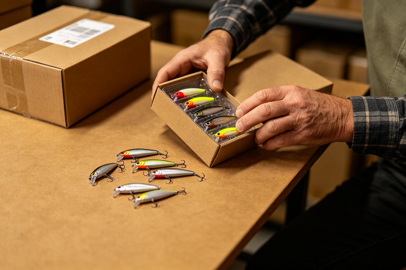 Shop owner checking fishing tackle samples before ordering