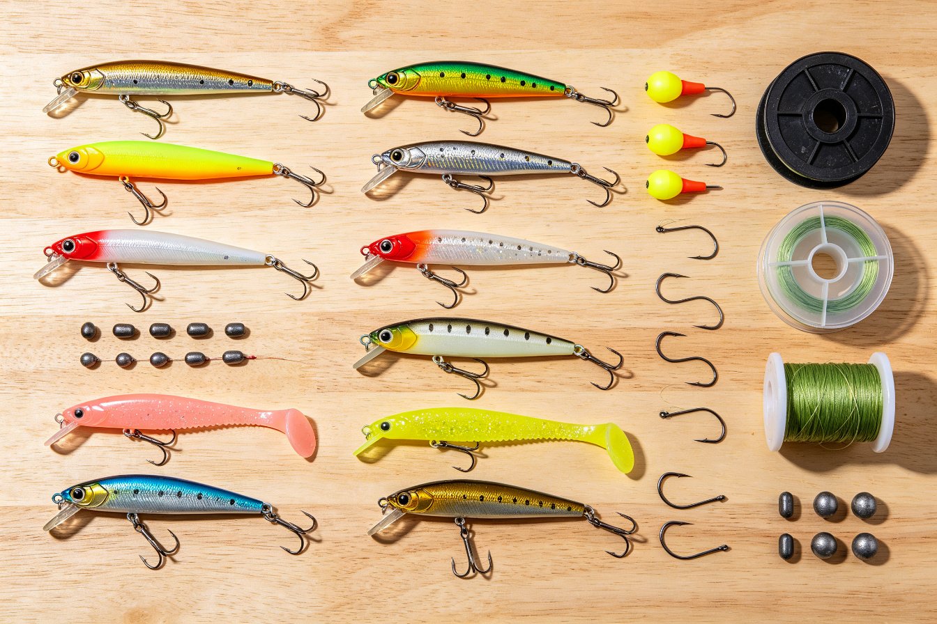 Wholesale fishing tackle flat lay - lures, hooks, line and terminal tackle